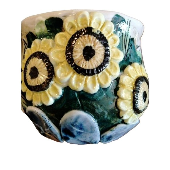 2 Sunflower Coffee Tea Cups Mugs Spoons Handmade Glazed Pottery Studio Crafted - Picture 2 of 11
